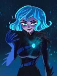 1girl 266notre absurdres black_bodysuit blue_eyes blue_gemstone blue_gloves blue_hair bodysuit breasts cassandra_(tangled) chest_jewel gem gloves hair_between_eyes half-closed_eyes hand_up highres light_smile looking_at_viewer medium_breasts night red_lips short_hair snow standing straight-on tangled rapunzel&#039;s_tangled_adventure