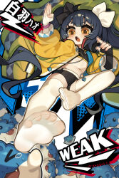 1girl black_gloves black_hair black_shorts black_sports_bra character_name fang fingerless_gloves flat_chest full_body gloves highres jacket kotoba_(1074421015) long_hair long_sleeves navel no_shoes open_mouth orange_eyes original puffy_long_sleeves puffy_sleeves rider_kick short_shorts shorts single_glove soles solo sports_bra thighhighs toes twintails white_thighhighs yellow_jacket