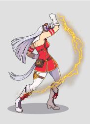 Rule 34 | 1girl, bare shoulders, boots, breasts, character request, clenched hand, dress, electric wind god fist, electricity, fighting game, gloves, gold ship (umamusume), grey background, grey hair, highres, horse girl, pantyhose, punching, raider fry, red dress, simple background, solo, tekken, umamusume, white boots, white gloves, white pantyhose