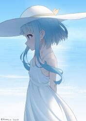 Rule 34 | 1girl, absurdres, alternate costume, arms behind back, artist name, blue hair, closed mouth, dated, dress, flat chest, from side, hat, highres, long sidelocks, looking ahead, mahiru (princess connect!), ocean, princess connect!, ruinone, short hair, sidelocks, standing, sun hat, sundress, white hat
