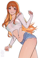 1girl absurdres armlet bikini bikini_top_only bikini_visible_through_clothes blue_shorts breasts commentary cutoffs denim denim_shorts english_commentary green_bikini green_nails hand_up highres jewelry long_hair looking_at_viewer nail_polish nami_(one_piece) navel off-shoulder_shirt off_shoulder one_piece orange_eyes orange_hair parted_lips quilm shirt short_shorts shorts shoulder_tattoo simple_background smile solo standing sweat swimsuit tattoo teeth white_background