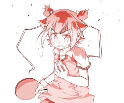 Rule 34 | 1girl, asano yagura, ball, blush, bone hair ornament, hair ornament, holding, holding table tennis paddle, open mouth, paddle, pink eyes, pink hair, racket, shakunetsu no takkyuu musume, simple background, solo, sportswear, table tennis ball, table tennis paddle, tennis racket, tennis uniform, tsumujikaze koyori, white background