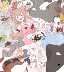 &gt;_&lt; 1girl :d absurdres akechi_(akttube) animal animal_on_chest animal_on_lap animal_print apron armband bandaged_wrist bandages blush cat center_frills closed_eyes collared_dress commentary_request crossover dress drooling frills full_body hair_ornament heart heart_print highres horns kappa light_brown_hair long_hair lying mermaid monster_girl mouth_drool natori_sana natori_sana_(nurse) neko_youkai on_back on_lap oni_horns open_mouth pink_apron rabbit_hair_ornament red_armband sana_channel sleeping smile solo thighhighs tiger_print too_many too_many_cats two_side_up virtual_youtuber white_dress white_thighhighs
