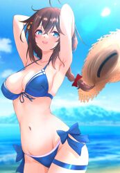 1girl absurdres arms_behind_head bikini blue_bikini blue_eyes blue_sky braid breasts brown_hat cleavage cloud commentary_request cowboy_shot day front-tie_bikini_top front-tie_top hair_flaps hat highres kantai_collection large_breasts long_hair nitamako_(sakamalh) ocean official_alternate_costume outdoors shigure_(kancolle) shigure_kai_san_(kancolle) shigure_kai_san_(swimsuit)_(kancolle) side-tie_bikini_bottom side_ponytail single_braid sky solo straw_hat swimsuit unworn_hat unworn_headwear