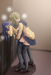 1futa 1girl black_legwear blonde_hair blue_skirt blush brown_footwear clothes_lift clothes_pull cum cum_on_body cum_on_clothes cum_on_lower_body cum_overflow doggystyle from_side futa_with_female futanari highres inuyama_aoi loafers long_hair long_sleeves multiple_girls oogaki_chiaki pantyhose pantyhose_pull plaid_clothes plaid_skirt pleated_skirt purple_hair raitaroo sailor_collar school_uniform serafuku sex sex_from_behind shoes side_ponytail skirt skirt_lift standing standing_sex sweat swept_bangs thighhighs twintails yurucamp