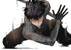 Rule 34 | 1boy, arm up, black hair, black pants, closed mouth, commentary request, gas mask, gloves, grey hair, highres, holding, holding sword, holding weapon, hoshina soshiro, kaijuu no. 8, korean commentary, looking at viewer, male focus, mask, motion lines, multicolored hair, pants, pink eyes, saladjoa, solo, sword, two-tone hair, weapon, white background, wooden sword