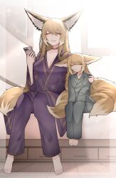 2girls absurdres alternate_costume animal_ears arknights barefoot blonde_hair breasts cellphone cleavage closed_eyes closed_mouth collarbone commentary dated_commentary fox_ears fox_girl fox_tail full_body grey_kimono grey_pants hair_down highres holding holding_phone japanese_clothes kimono kitsune kyuubi large_breasts long_hair mother_and_daughter multiple_girls multiple_tails pants parted_lips phone purple_kimono purple_pants samip sitting smartphone suzuran_(arknights) tail toes vulpisfoglia_(arknights)