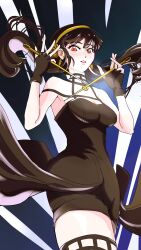Rule 34 | 1girl, black dress, black gloves, breasts, dress, dual wielding, earrings, fingerless gloves, floating hair, gloves, gold hairband, hairband, highres, holding, holding weapon, jewelry, long hair, looking at viewer, maruoekai123, parted lips, red eyes, solo, spy x family, weapon, yor briar