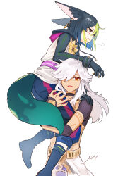 2boys animal_ear_fluff animal_ears black_choker black_footwear black_gloves black_hair blue_eyes blue_hair blush boots carrying choker cyno_(genshin_impact) dark-skinned_male dark_skin flower fox_boy fox_ears fox_tail genshin_impact gloves green_hair highres hood hood_down male_focus multicolored_hair multiple_boys parted_lips puff_of_air red_eyes signature simple_background tail tighnari_(genshin_impact) tiny_(0v0) white_background white_hair yaoi yellow_flower