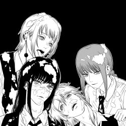 4girls chainsaw_man collared_shirt dress earrings facial_scar fami_(chainsaw_man) fourth_east_high_school_uniform highres icing jewelry kiunchiku licking long_hair makima_(chainsaw_man) multiple_girls necktie open_mouth parody pinafore_dress ringed_eyes scar scar_on_cheek scar_on_face scar_on_nose school_uniform shirt sidelocks sleeveless sleeveless_dress teeth the_damned_(band) tongue tongue_out upper_teeth_only white_haired_girl_(chainsaw_man) yoru_(chainsaw_man)