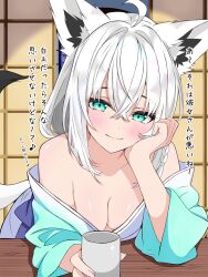 1girl ahoge alternate_costume animal_ear_fluff animal_ears bare_shoulders blue_eyes blue_kimono blush braid breasts cleavage cup fox_ears fox_girl fox_tail hair_between_eyes highres hololive japanese_clothes johnny_0716 kimono shirakami_fubuki single_braid tail translation_request virtual_youtuber white_hair