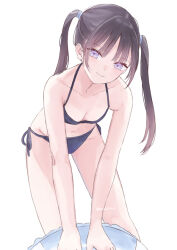 Rule 34 | 1girl, bare shoulders, bikini, black bikini, black hair, blush, breasts, closed mouth, collarbone, hair ornament, hondahiro, innertube, long hair, looking at viewer, navel, original, purple eyes, simple background, small breasts, smile, solo, stomach, swim ring, swimsuit, twintails, white background