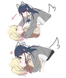 2girls black_hair blonde_hair blush brown_shirt closed_eyes commentary_request drawn_ears drawn_tail gradient_hair grey_eyes grey_hoodie heart highres hood hoodie hoshino_ichika_(project_sekai) jujuyun kiss korean_commentary long_hair long_sleeves looking_at_another multicolored_hair multiple_girls pink_eyes pink_hair project_sekai shirt simple_background sweatdrop tenma_saki twintails white_background yuri