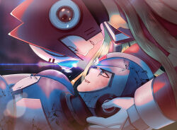 2boys armor battle_damage blonde_hair blue_armor blue_helmet blurry blurry_background closed_eyes forehead_jewel helmet highres kiwakiwa long_hair male_focus mega_man_(series) mega_man_x_(series) multiple_boys profile red_armor red_helmet revision rotational_symmetry x_(mega_man) zero_(mega_man)