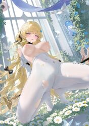 Rule 34 | 1girl, alternate costume, bird, black bow, blonde hair, blush, bodysuit, bodysuit pull, bow, breasts, breasts out, cameltoe, censored, check clothing, closed mouth, clothing request, commentary request, covered navel, hair bow, hair ornament, haku89, holding, holding behind back, holding staff, indoors, large breasts, long hair, looking at viewer, mosaic censoring, nimbus wraith (wuthering waves), nipples, no panties, no shoes, paid reward available, phoebe (wuthering waves), purple eyes, solo, spread legs, squatting, staff, tacet discord (wuthering waves), tacet mark (wuthering waves), torn bodysuit, torn clothes, very long hair, white bird, white bodysuit, wuthering waves, x hair ornament