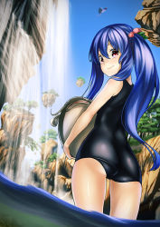 2girls alternate_hairstyle ass bad_id bad_pixiv_id blue_hair catfish female_focus fish food fruit hinanawi_tenshi long_hair looking_back multiple_girls nagae_iku one-piece_swimsuit peach red_eyes school_swimsuit smile swimsuit touhou twintails unowen wading water waterfall