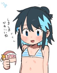 1girl :d bikini black_hair blue_eyes blue_hair colored_inner_hair flat_chest hair_between_eyes highres itoriyo loli medium_hair multicolored_hair open_mouth raisei_no_ryu_tsukai simple_background sketch smile sorano_minori swimsuit thumbs_up white_background