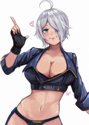1girl absurdres ahoge angel_(kof) black_gloves black_jacket black_panties blue_eyes breasts cleavage collarbone cropped_jacket female_focus fingerless_gloves gloves hair_over_one_eye heart highres jacket large_breasts leather leather_jacket lipstick long_sleeves looking_at_viewer makeup midriff momo_juice navel panties pink_lips revealing_clothes short_hair sidelocks snk solo the_king_of_fighters the_king_of_fighters_xv underwear white_hair wide_hips