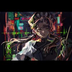 1girl :o absurdres apt backlighting beret black_dress black_gloves black_hat cape cellphone chin_strap dark_background dress gloves hand_up hat highres holding holding_phone letterboxed liang_yue_(reverse:1999) long_hair looking_at_viewer low_twintails neon_lights open_mouth phone police police_uniform policewoman reverse:1999 side_cape sign sketch solo twintails upper_body v-shaped_eyebrows watermark white_cape yellow_eyes
