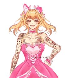 1girl :d absurdres aegyo_sal animal_ear_fluff animal_ears arm_at_side arm_tattoo bare_arms bare_shoulders black_eyes blankcharti blonde_hair bow breasts butterfly_tattoo character_name cheek_tattoo chest_tattoo choker cleavage collarbone commentary cross-laced_clothes cross-laced_dress darling_valentina dog_ears dress dress_bow english_commentary facing_viewer flower_tattoo frilled_choker frilled_dress frilled_wrist_cuffs frills grin hair_intakes hair_ribbon half-closed_eyes hand_on_own_hip heart heart_choker heart_tattoo highres large_breasts lips long_hair looking_to_the_side open_mouth pink_bow pink_choker pink_dress pink_ribbon pink_wrist_cuffs ribbon roblox royale_high shoulder_tattoo sidelocks sideways_glance simple_background smile solo straight-on strapless strapless_dress tattoo twintails twitter_username upper_body white_background wrist_cuffs