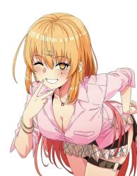 1girl black_skirt blonde_hair bracelet breasts chain_belt cleavage collared_shirt dress_shirt hair_ornament hairclip hand_on_own_hip heart heart_necklace jewelry katagiri_nanase large_breasts leaning_forward long_hair long_sleeves looking_at_viewer miniskirt mole mole_under_eye multicolored_hair necklace nukigee_mitai_na_shima_ni_sunderu_watashi_wa_dou_surya_ii_desu_ka? one_eye_closed pink_shirt red_hair shirt skirt smile thigh_strap two-tone_hair v wakoudo white_background wink