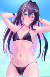 Rule 34 | 1girl, :o, absurdres, alternate breast size, armpits, arms behind head, arms up, azki (hololive), bikini, black bikini, black hair, blush, cloud, colored inner hair, cowboy shot, day, flat chest, gluteal fold, hair between eyes, hair intakes, hair ornament, hairclip, halterneck, highres, hololive, long hair, looking at another, looking at viewer, mole, mole under eye, multicolored hair, navel, open mouth, outdoors, paid reward available, pink hair, purple eyes, seriponpoyon, solo, stomach, streaked hair, string bikini, swimsuit, very long hair, virtual youtuber, wading, wet, white hair
