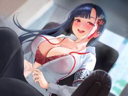 1girl armband black_hair black_pants blunt_bangs blurry blurry_background blush bra breasts chair cleavage collarbone collared_shirt commentary_request dress_shirt hair_ornament highres indoors inushima large_breasts long_sleeves looking_at_viewer office_lady open_clothes open_mouth open_shirt original pants red_bra red_eyes red_ribbon ribbon shirt sitting smile solo underwear veins veiny_breasts white_shirt window
