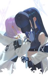 Rule 34 | 2girls, absurdres, atsuko (blue archive), bare shoulders, black gloves, black hair, black hat, black pants, black sports bra, blue archive, blue hair, blush, bow, colored inner hair, dress, ear blush, gloves, hair bow, hat, highres, holding, holding unworn clothes, holding unworn hat, jacket, kiss, long hair, multicolored hair, multiple girls, navel, pants, purple hair, saori (blue archive), shortofsugar, sports bra, stomach, two-tone hair, unworn hat, unworn headwear, white dress, white jacket, yellow bow, yuri