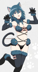alternate_costume animal_ears bikini blue_eyes blue_hair bow cat cat_ears cat_tail female_byleth_(fire_emblem) fire_emblem fire_emblem:_three_houses fur_bikini fur_trim gloves highres komurice long_hair messy_hair nintendo swimsuit tail wolf_ears