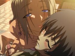 1boy 1girl 2010s 2011 bed blonde_hair blue_eyes breasts covered_erect_nipples drooling handjob jellyfish_(company) kamimura_akiko keisuke_(sisters) kiss kouzaka_kouhei large_breasts lips long_hair long_sleeves no_bra older_woman_and_younger_man panties penis premature_ejaculation saliva saliva_trail shiny_skin shocked_pupils shy sisters_~natsu_no_saigo_no_hi~ surprised sweat sweater taki_minashika uncensored underwear veins veiny_penis