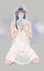 1boy black_hair blank_censor blue_eyes blush bouquet censored crossdressing flaccid flower kneeling lemicon lingerie long_hair looking_at_viewer negligee original penis ribbon_on_penis trap underwear veil white_negligee