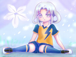 1girl akasode_matsuri_(inazuma_eleven) blue_shirt blue_shorts blue_socks collar flat_chest grey_eyes grey_hair hakkou_soft inazuma_eleven_(series) inazuma_eleven_victory_road large_variant_set medium_hair parted_lips raimon raimon_soccer_uniform shirt short_sleeves shorts sidelocks sitting soccer_uniform socks solo sportswear two-tone_shirt variant_set white_collar yellow_shirt