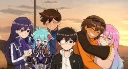 2girls 4boys :d ;d ^_^ absurdres ahoge alt_text alternate_hair_color antenna_hair aoiro_arts aqua_eyes artist_name ascot aubrey_(faraway)_(omori) aubrey_(omori) basil_(faraway)_(omori) basil_(omori) black_eyes black_jacket blue_eyes blue_hair blue_sweater bright_pupils brother_and_sister brothers brown-framed_eyewear brown_coat brown_hair buttons closed_eyes closed_mouth cloud coat collared_shirt commentary covered_mouth crossed_bangs dark-skinned_male dark_skin double-parted_bangs english_commentary eyepatch eyewear_on_head flower gradient_hair grin hair_behind_ear hair_between_eyes hair_flower hair_ornament hand_on_another&#039;s_shoulder hero_(faraway)_(omori) hero_(omori) highres hug jacket kel_(faraway)_(omori) kel_(omori) layered_sleeves long_hair long_sleeves mari_(faraway)_(omori) mari_(omori) mask mountainous_horizon mouth_mask multicolored_hair multiple_boys multiple_girls omori one_eye_closed one_eye_covered open_clothes open_coat open_jacket open_mouth orange_shirt outdoors pink_hair power_lines purple_ascot purple_hair raised_inner_eyebrows red_flower second-party_source shin_megami_tensei shirt short_hair siblings smile straight_hair sunglasses sunny_(omori) sunset sweater turtleneck turtleneck_sweater two-tone_hair upper_body utility_pole v-shaped_eyebrows white_pupils white_shirt