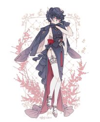 1girl black_gloves black_hair cherry coattails curly_hair dress food frilled_dress frills fruit full_body gloves halterneck height high_heels lemon89h male_focus original rococo_movement solo thighhighs white_background yellow_eyes