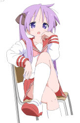 1girl absurdres blush chair collarbone crossed_legs cynical_(llcbluckg_c004) fingernails highres hiiragi_kagami knee_up long_hair long_sleeves looking_at_viewer lucky_star open_mouth pleated_skirt purple_eyes purple_hair red_sailor_collar sailor_collar school_uniform serafuku shirt shoes simple_background sitting skirt socks solo twintails white_background white_shirt white_shoes white_socks