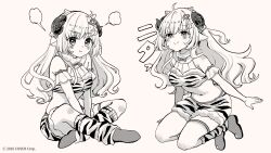 Rule 34 | 1girl, :&gt;, :t, animal ears, animal print, bare shoulders, blush, breasts, brown background, closed mouth, fur-trimmed shorts, fur trim, hair ornament, highres, hololive, horns, lightning bolt, lightning bolt hair ornament, lightning bolt symbol, loose socks, medium breasts, monochrome, navel, official art, pout, print shorts, print socks, rino cnc, sheep ears, sheep girl, sheep horns, shoes, short shorts, shorts, simple background, socks, tiger print, tsunomaki watame, virtual youtuber, wavy mouth