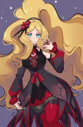 Rule 34 | 1girl, black dress, black hairband, blonde hair, caitlin (fall 2021) (pokemon), caitlin (pokemon), commentary, cowboy shot, detached sleeves, dress, english commentary, green eyes, hair ornament, hairband, high ponytail, highres, jewelry, long hair, long sleeves, looking at viewer, missandydandy, night, nintendo, official alternate costume, official alternate hairstyle, parted lips, pokemon, pokemon masters ex, ponytail, puffy sleeves, red thighhighs, ring, solo, thighhighs, very long hair
