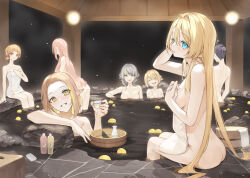6+girls ass bar_soap blonde_hair blue_eyes blunt_bangs blush breasts bucket closed_eyes cup elf food fruit green_eyes grey_hair grin hair_intakes holding holding_cup holding_towel hu_kotora long_hair looking_back medium_breasts multiple_girls naked_towel onsen open_mouth original parted_lips partially_submerged pink_hair pointy_ears short_hair sitting small_breasts smile soap towel very_long_hair water wooden_bucket yellow_eyes yuzu_(fruit) yuzu_bath