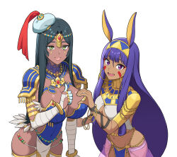 2girls animal_ears arm_wrap armlet armor bandaged_arm bandages belly_chain black_hair blue_armor bracelet breastplate breasts bridal_gauntlets circlet cleavage dark-skinned_female dark_skin earrings facepaint facial_mark fate/grand_order fate_(series) forehead_jewel green_eyes hairband halterneck hat heart heart_hands heart_hands_duo heart_hands_failure highres hoop_earrings jackal_ears jewelry large_breasts long_hair looking_at_viewer low-tied_long_hair medium_breasts multiple_girls navel nitocris_(fate) open_mouth pandinus parted_bangs pauldrons pelvic_curtain purple_eyes purple_hair ring scheherazade_(fate) shoulder_armor sidelocks smile thumbs_up usekh_collar very_long_hair