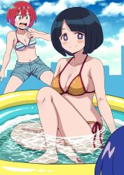 3girls amate_yuzuriha bikini black_hair blue_eyes blue_hair blue_sky breasts cloud commentary day denim denim_shorts gundam gundam_gquuuuuux looking_at_viewer medium_breasts multiple_girls nyaan_(gundam_gquuuuuux) outdoors ponzu_rui red_hair red_trim shiiko_sugai short_hair shorts side-tie_bikini_bottom sky smile solo_focus swimsuit wading_pool yellow_bikini