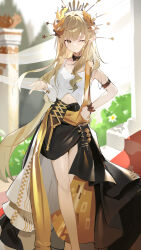 1girl ;) absurdres ambience_synesthesia arknights bare_shoulders black_choker black_skirt blonde_hair choker closed_mouth commentary elf english_commentary feet_out_of_frame glint hand_on_own_hip highres long_hair long_sleeves looking_at_viewer mixed-language_commentary muelsyse_(arknights) muelsyse_(golden_reverie)_(arknights) navel official_alternate_costume one_eye_closed pointy_ears shirt skirt smile solo standing star_(symbol) teketi very_long_hair white_shirt yellow_eyes
