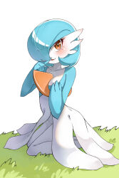 1girl absurdres alternate_color blue_hair blue_skin blush bob_cut breasts collarbone colored_skin ear_blush female_focus finger_to_mouth full_body gardevoir gen_3_pokemon grabbing_own_breast grass gresy hair_over_one_eye hands_up happy highres kneeling looking_afar medium_breasts multicolored_skin nintendo on_ground one_eye_covered open_mouth orange_eyes pokemon pokemon_(creature) shiny_pokemon short_hair smile solo two-tone_skin white_background white_skin