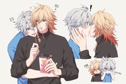 2boys alternate_costume animal_ears antenna_hair black_sweater blonde_hair blue_eyes blue_shirt braid chibi commentary dog_boy dog_ears facial_tattoo gradient_hair grey_background hair_between_eyes honkai:_star_rail honkai_(series) hug hug_from_behind jiman kiss male_focus medium_hair multicolored_hair multiple_boys multiple_views mydei_(honkai:_star_rail) phainon_(honkai:_star_rail) red_hair red_tattoo shirt short_hair side_braid simple_background sweater tattoo white_hair yaoi yellow_eyes