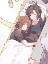 3girls absurdres antenna_hair bed black_hair black_shirt blanket brown_hair bunk_bed cellphone commentary cuddling from_above hagiwara_yukiho highres idolmaster idolmaster_(classic) kikuchi_makoto long_hair looking_down multiple_girls open_mouth outline outstretched_arms phone pillow shijou_takane shirt short_hair simple_background sleeping smartphone white_hair yellow_outline yumi_xsh yuri