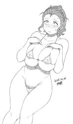 1girl bare_shoulders bikini blush breasts clitoral_hood collarbone covered_erect_nipples dated feet_out_of_frame female_pubic_hair forehead full-face_blush hands_on_own_chest large_breasts legs looking_at_viewer monochrome navel nervous nipples original pubic_hair shadow short_hair signature simple_background skindentation solo stomach sweatdrop swimsuit thigh_gap thighs tsukudani_(coke-buta) white_background