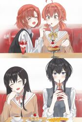 4girls absurdres ahoge asanagi_yori black_dress black_hair blue_eyes bow bowtie braid brown_hair cake closed_eyes color_connection commentary crossed_arms crossover cup dark_skin dress drinking_straw drinking_straw_in_mouth english_commentary feeding food genre_connection grey_sweater_vest hair_between_eyes half_up_braid highres holding holding_cup kino_himari koito_yuu long_hair long_sleeves low_twintails multiple_girls nanami_touko open_mouth orange_hair pinafore_dress red_bow red_bowtie sasayaku_you_ni_koi_wo_utau school_uniform shirt short_twintails sidelocks sleeveless sleeveless_dress sweater_vest tohmi_higashi_high_school_uniform twintails ulette white_shirt yagate_kimi_ni_naru yellow_background