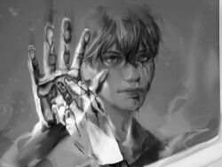 1boy 1other black_hair blood bloody_tears condensation crossed_bangs crying crying_with_eyes_open degloving different_reflection double-parted_bangs greyscale hair_between_eyes hand_on_window hand_up highres kim_dokja macaronijail monochrome nosebleed omniscient_reader&#039;s_viewpoint reaching reaching_towards_another reflection reflection_focus short_hair tears viewer_self-insert window_fog