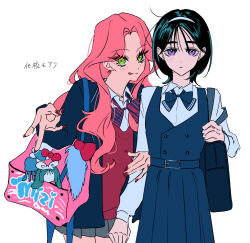 2girls alien_stage bag bag_charm black_hair blue_bow blue_bowtie blue_dress blue_jacket bow bowtie buttons charm_(object) collared_shirt diagonal-striped_bow diagonal-striped_bowtie diagonal-striped_clothes double-breasted dress green_eyes gyaru_v hairband highres holding_another&#039;s_arm jacket kyon_(zmwh8222) medium_hair mizi_(alien_stage) multiple_girls pinafore_dress pink_hair purple_eyes red_bow red_nails red_sweater shirt shoulder_bag sleeveless sleeveless_dress striped_clothes sua_(alien_stage) sweater tongue tongue_out translation_request v white_hairband white_shirt