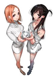 2girls breasts brown_eyes brown_hair dress full_body highres jewelry kanojo_okarishimasu large_breasts long_hair medium_hair miyajima_reiji mizuhara_chizuru multiple_girls official_art orange_hair purple_eyes shirt shiunji-ke_no_kodomotachi shiunji_banri skirt thighs white_background white_dress white_shirt white_skirt