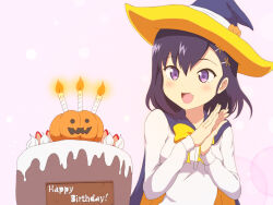 Rule 34 | !, 1girl, betelbear, birthday, cake, candle, costume, english text, fang, feet out of frame, female focus, skin fang, food, fruit, gabriel dropout, hair ornament, hairclip, halloween, happy birthday, hat, jack-o&#039;-lantern, long hair, long sleeves, open mouth, purple eyes, purple hair, skin fang, solo, standing, strawberry, vignette tsukinose april, witch, witch hat